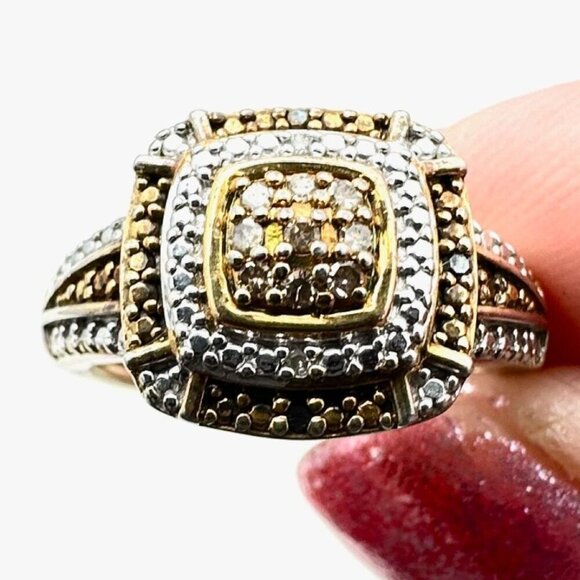 Designer Womens Ring Sterling Silver Champaign & Clear Diamond Size 6 - Picture 1 of 6
